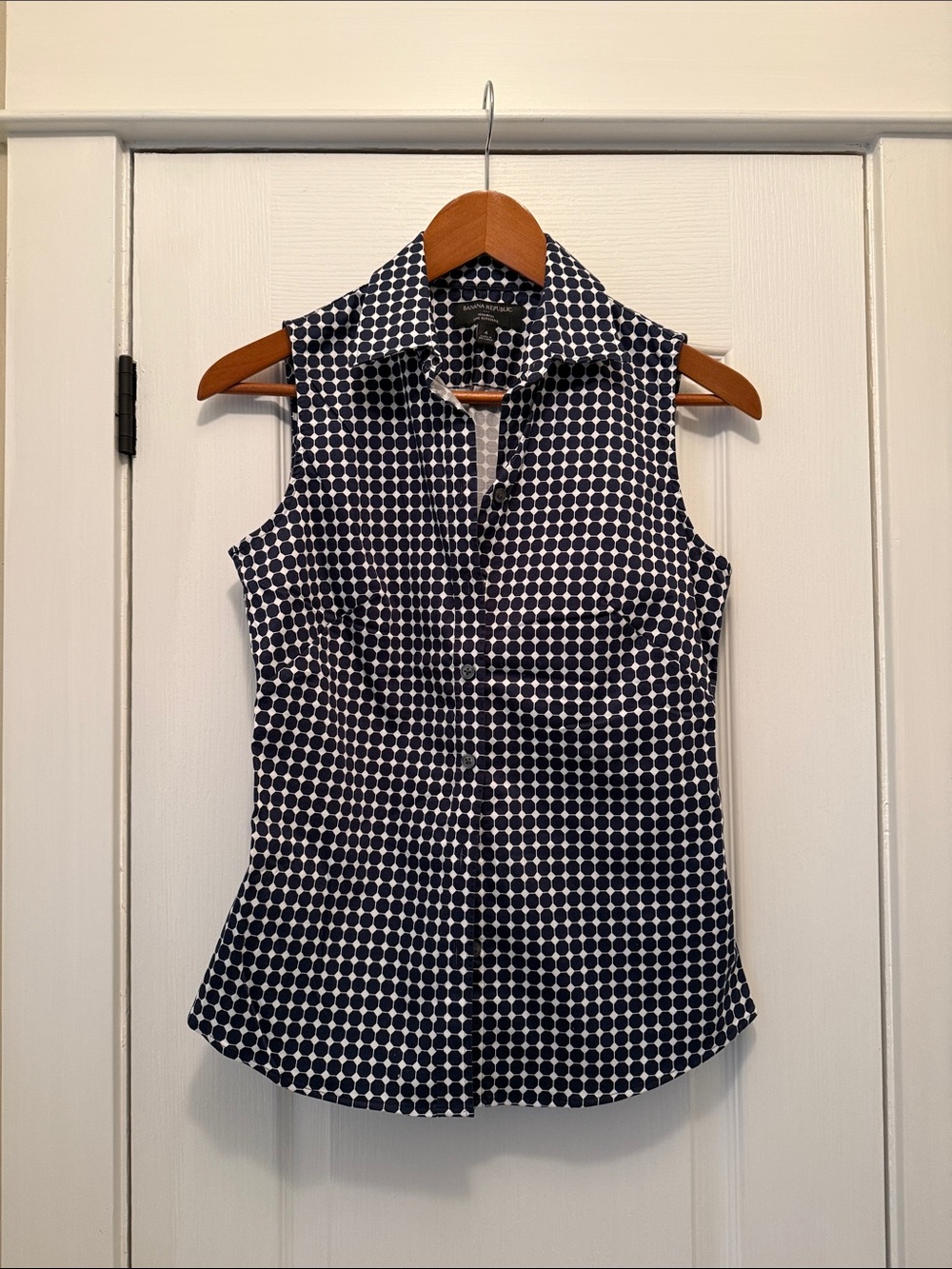 Banana Republic Navy and White Polka Dot Sleeveless Collared Top